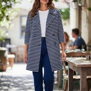 CAbi Maritime Trench Coat Jacket Womens Large Navy Blue White Striped Nautical